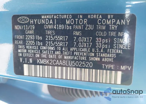 2020 Hyundai Kona Sel из США, поврежденный, VIN KM8K2CAA8LU502520